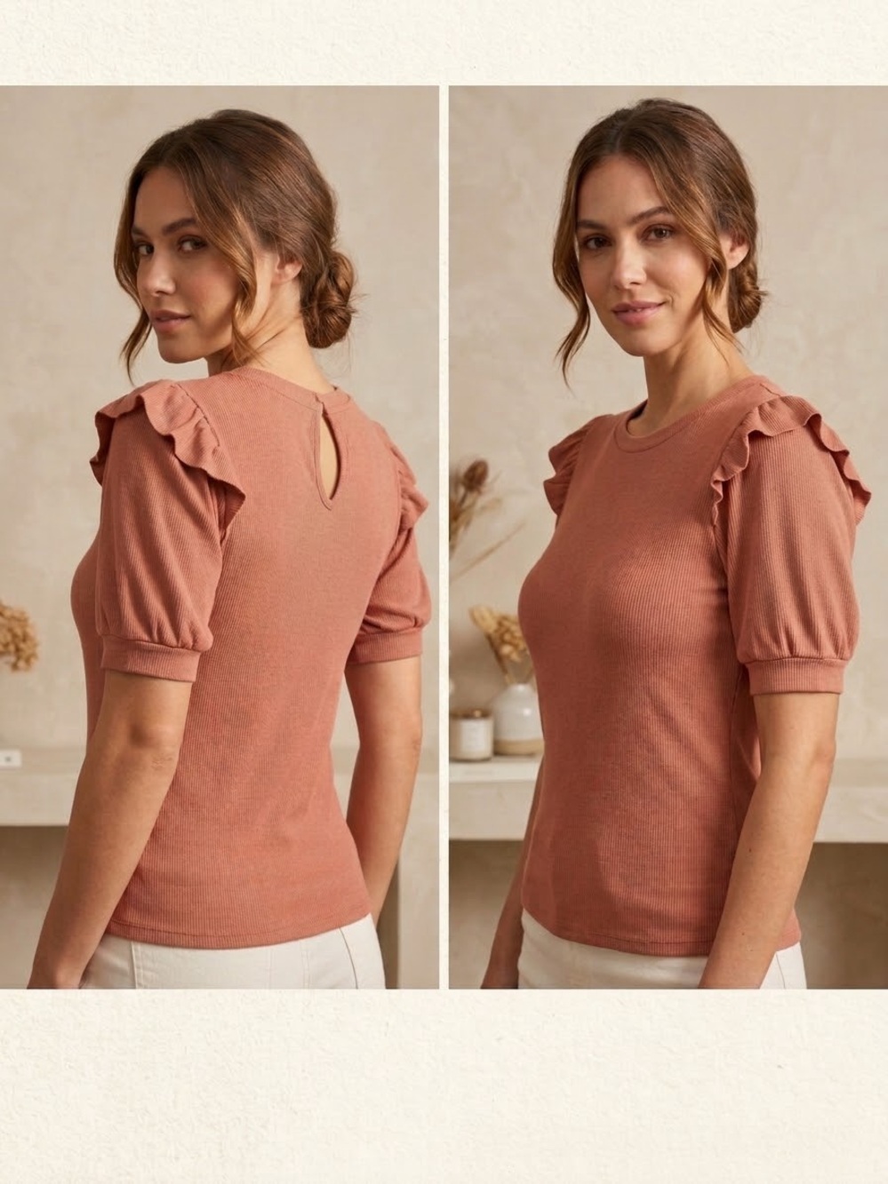 Hem & Thread Rosewood Ruffle Sleeve Short Sleeve Knit Top